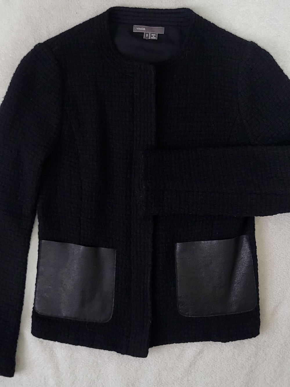 Vince Black Wool Blend Collarless Blazer with Leather Patch Pockets